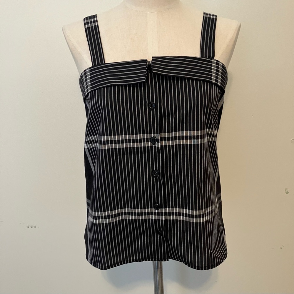 VTG Women’s 90s Black White Striped Plaid Cotton Button Corset Tank Top Sz. M
